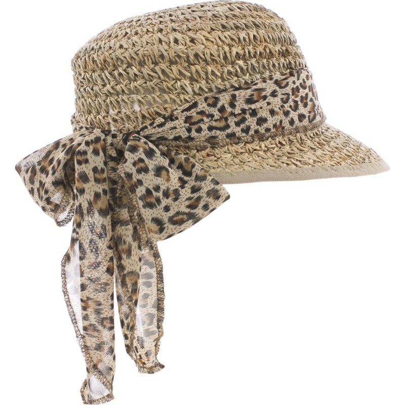 Casquette Herman en paille jonc de mer garnie d'un foulard imprimé léopard
