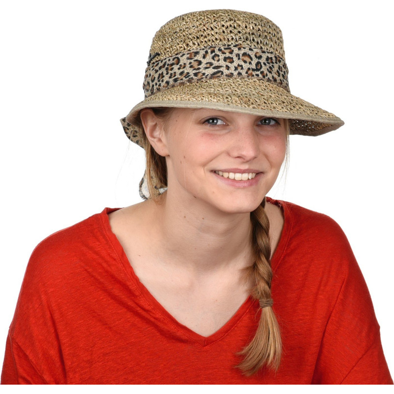 Casquette Herman en paille jonc de mer garnie d'un foulard imprimé léopard