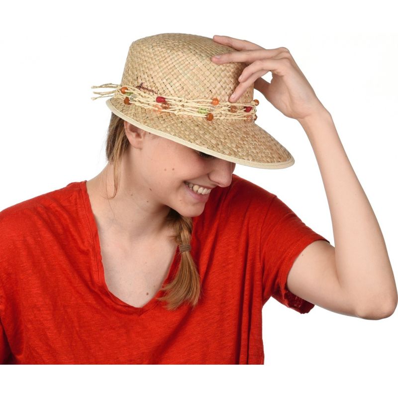 Casquette Herman en paille naturelle garni d''une ceinture en perles