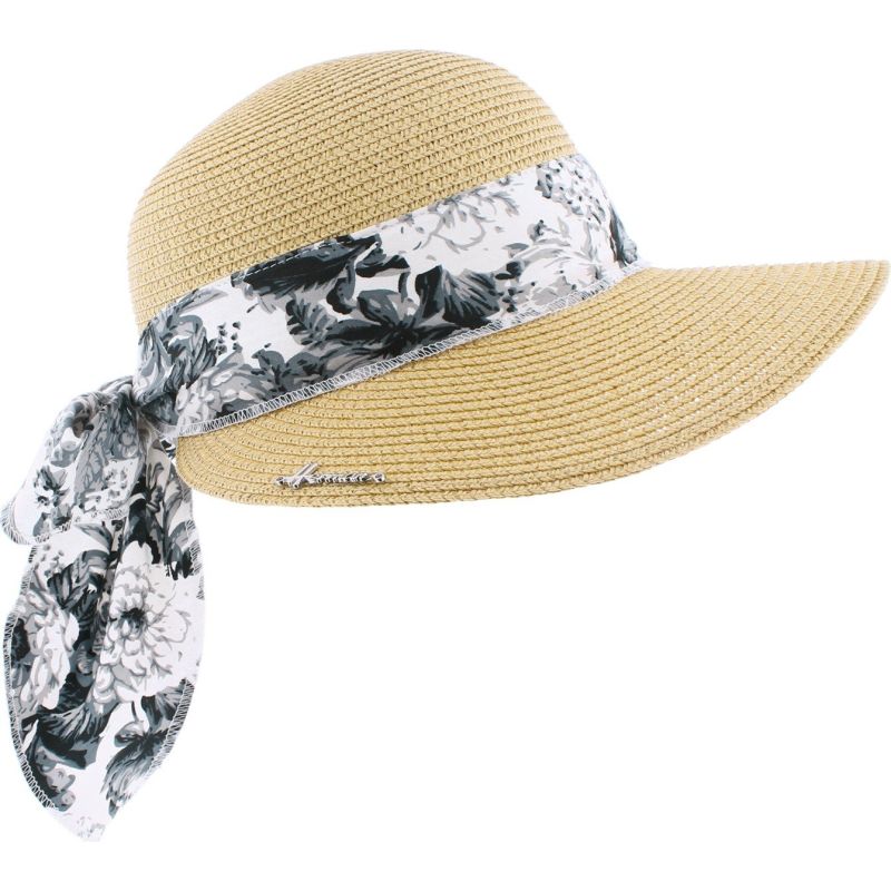 Casquette Herman en paille papier unie avec foulard fleuri noir et blanc