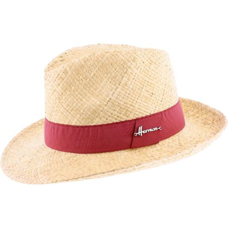 Chapeau grand bord Herman en paille raphia uni avec gros grain rouge