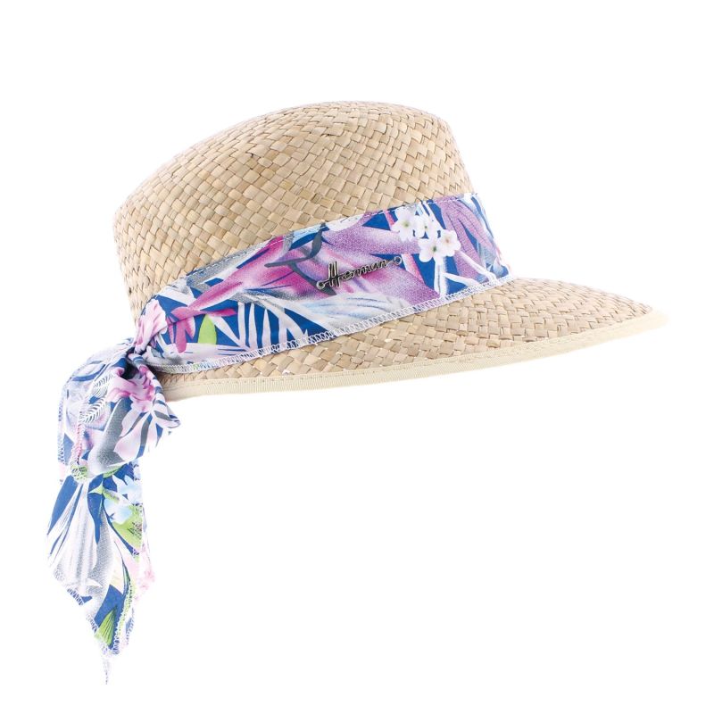 Casquette Herman en paille naturelle garni d'un foulard fleuri