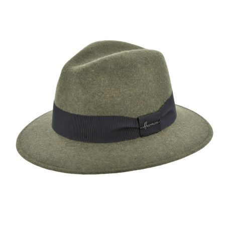 Chapeau en feutre de laine vert uni bord droit avec ruban Herman
